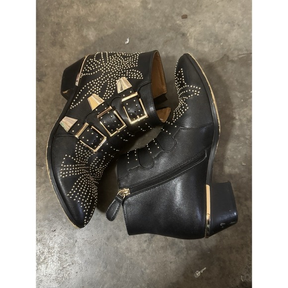 Bashafari Leather studs Ankle shoes Cowboy Boots Metallic black Gold size 39 (8) - Picture 2 of 11